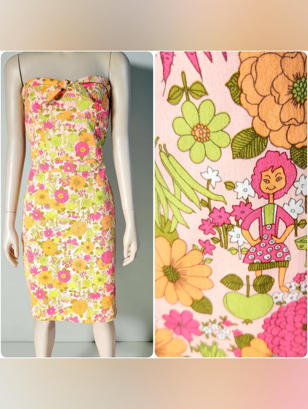 Y2K Tibi Psychedelic Novelty Garden Party Sheath Dress 4/6 Strapless 60s Floral